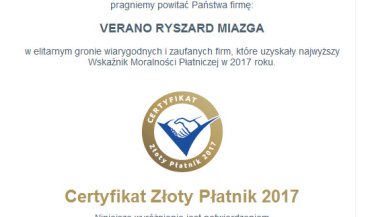 Certyfikat Złoty Płatnik 2017 dla Verano