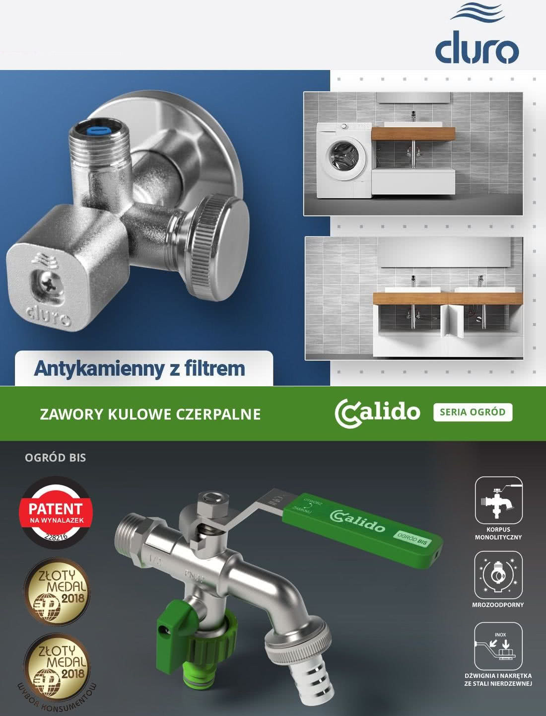 Zawór kątowy antykamieny DURO SOLID i SOLID BIS do podłączenia pralki pod umywalką, ogrodowy zawór kulowy CALIDO OGRÓD BIS. fot. Arka Sp. z o.o.