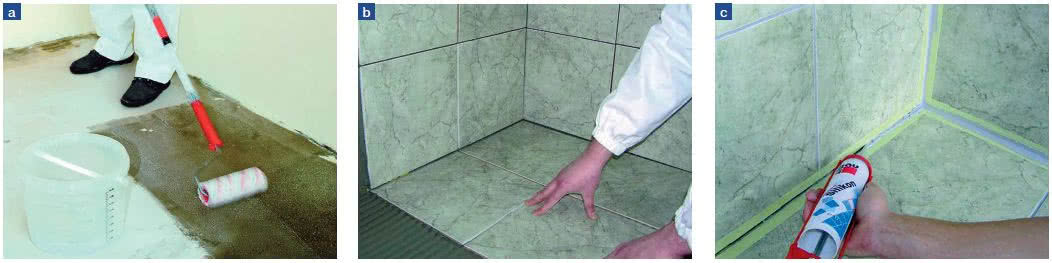 Układanie płytek: gruntowanie podłoża (a), przyklejanie płytek (b), silikonowanie (c) Układanie płytek: gruntowanie podłoża (a), przyklejanie płytek (b), silikonowanie (c)